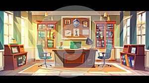 Principal's office in school with desk, chairs, bookcase, and trophies on display. Modern cartoon of empty photo