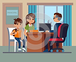 Principal school. Parents kids teacher meeting in office. Unhappy mom, son talk with angry principal. School education photo