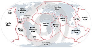 Principal tectonic plates, 16 major pieces of the Earth, gray map photo