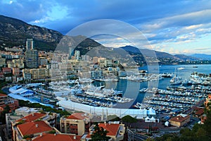 Principality of Monaco. Beautiful panoramic view of Monaco, golden hour scenery. View of residential buildings and a