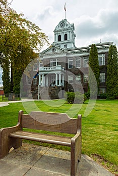 Memorial Bench in Front of the Crook County Courthouse in Prineville, Oregon, USA