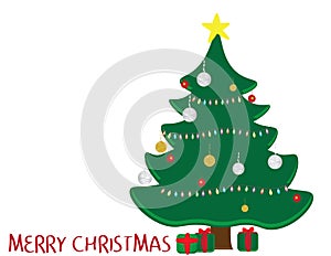 Decorated Christmas tree, Green and Red gifts and merry christmas greeting on white background