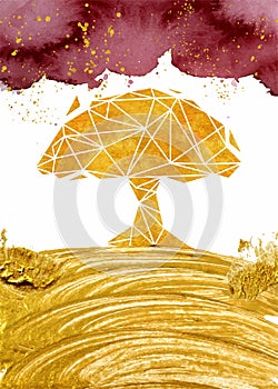 Watercolor abstract background, hand drawn watercolour burgundy and gold texture