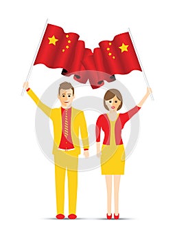China flag waving man and woman