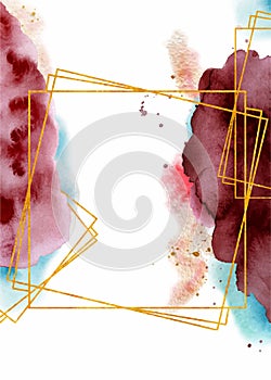 Watercolor abstract background, hand drawn watercolour burgundy and gold texture