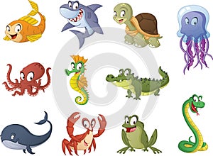 Group of cartoon fish, reptiles and amphibians. Vector illustration of funny happy aquatic animals. photo