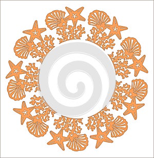 Wreath Sea shell star patternisolated on white background. Wedding beach pattern invitation cards gift. laser cut pattern. sea sta