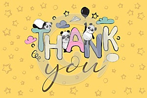 Thank you greeting card design with cute panda bears and quote