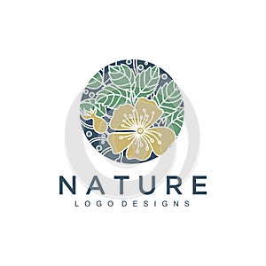 Tropical plant logo. Round emblem flower in a circle n linear style. Vector abstract badge for design of natural products, flower