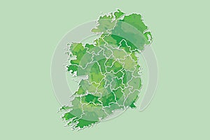 Ireland watercolor map vector illustration of green color with border lines of different regions or counties on light background photo