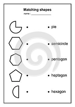 Geometry shape matching game. educational geometric shapes game. printable learning material for kids . black and white printables