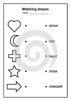 Geometry shape matching game. educational geometric shapes game. printable learning material for kids . black and white printables photo