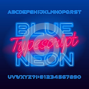 Blue Neon typescript. Blue color light bulb capital letters and numbers. photo