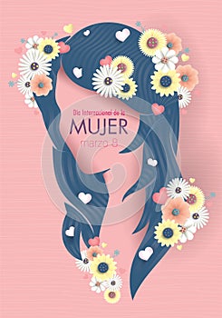 Greeting Card of INTERNATIONAL WOMEN S DAY in Spanish language. Silhouette of woman head with long blue hair decorated with hearts