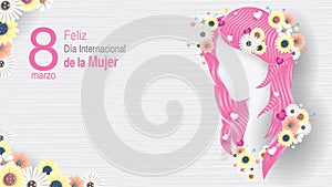 Greeting Card of DIA INTERNATIONAL DE LA MUJER - INTERNATIONAL WOMEN S DAY in Spanish language. Silhouette of woman head photo