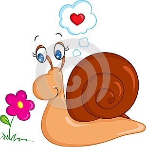 Color kawaii drawing of a little snail looking at a flower,for children`s book or Valentine`s Day card