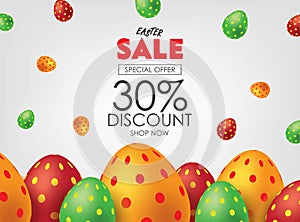 White Easter Sale Poster or Flyer with Colorful Eggs. Advertising Campaign in Retail, Sale Promo Marketing, Ad Offer on Shoppi