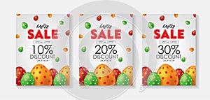 White Easter Sale Poster or Flyer Set with Colorful Eggs. Advertising Campaign in Retail, Sale Promo Marketing, Ad Offer on Shoppi