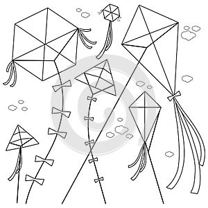 Kites in the sky. Vector black and white coloring page.