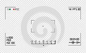 Video camera viewfinder overlay. Photo or video camera viewfinder grid with many shooting settings on screen. photo