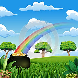 Saint Patrick`s Day pot of gold and rainbow on the nature