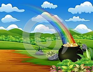 Saint Patrick`s Day pot of gold and rainbow on the nature