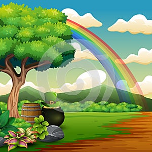 Saint Patrick`s Day pot of gold and rainbow on the beautiful landscape