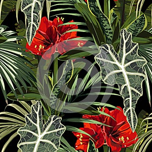 Seamless pattern, red lilies flowers and tropical plants, palm leaves, monstera.