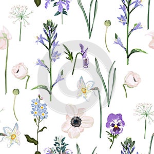 Meadow flowers, grass, garden herbs. Seamless herbal background in light colors for fashion design.