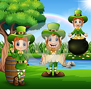 Leprechaun and Saint Patrick day characters with rainbow and pot of gold
