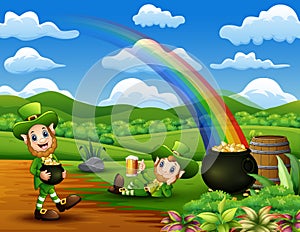 Happy St Patrick day leprechaun celebrate with a pot of gold and a beer