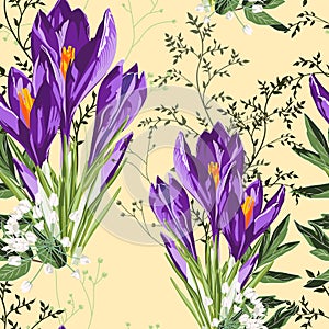 Seamless floral violet crocus flowers and herbs pattern on a yellow background.