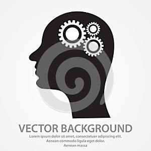Thinking icon. Silhouette of gear in head. vector background