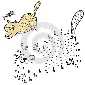 Connect the dots and draw a cute purring cat. Numbers game for children photo