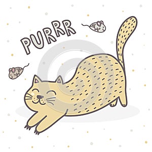 Cute purring cat print. Funny card for children photo