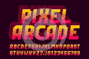 Pixel arcade alphabet font. 3D effect letters, numbers and symbols.