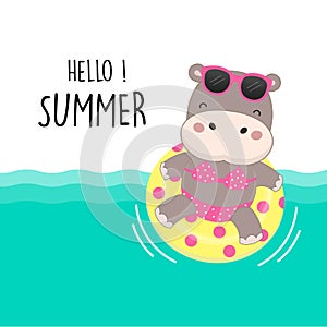 Hello summer holiday. Cute hippo wear bikini and swim ring cartoon.