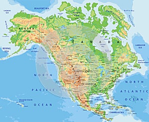 High detailed North America physical map with labeling.