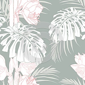 Pink line lily flowers with exotic monstera leaves, light green background. Floral seamless pattern.