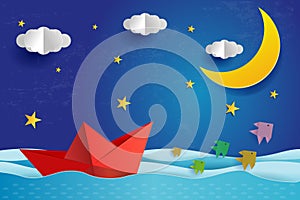 Origami Paper boat at night on blue sea ocean. Surreal seascape with full moon with clouds and star, paper art and digital craft s