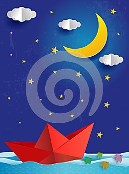 Origami Paper boat at night on blue sea ocean. Surreal seascape with full moon with clouds and star, paper art