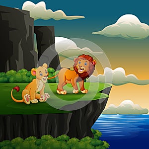 Lions cartoon roaring on the cliff background