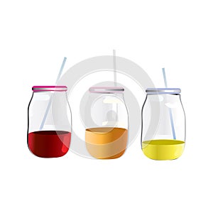 Glass jar with with different colored drinks, smoothies and a straw.