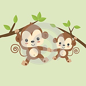 Cute mom and baby monkey hanging on tree.