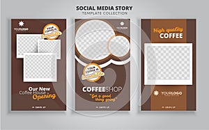 3 layout templates for social media, mobile apps or flyer design with coffee. Set of cards with coffee cup and desserts  with chal