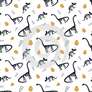 Dinosaur skeleton and fossils. Vector seamless pattern.