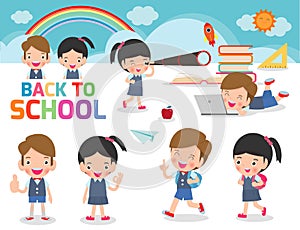 Set of school kids in education concept, back to school template with children, child go to school, back to school, Vector