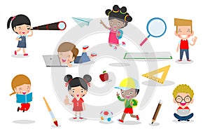 Set of school kids in education concept, back to school template with children, child go to school, back to school, Vector