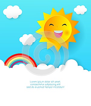 Cloudscape, paper cut sun and clouds, rainbow, paper art style, Summer frame. vector Illustration of cute summer background.