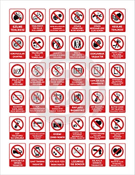 Turkish signage models, hazard sign, prohibited sign, occupational safety and health signs, warning signboard, fire emergency sign